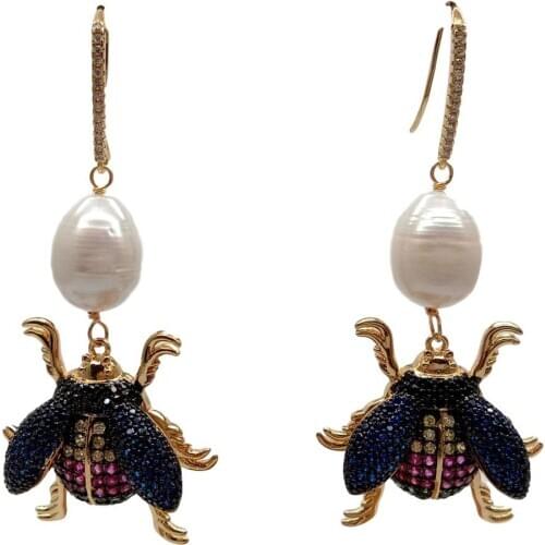 YYGEM Full cz Plated Insect natural Cultured White Rice freshwater Pearl Hook Dangle Earrings vintage style for women