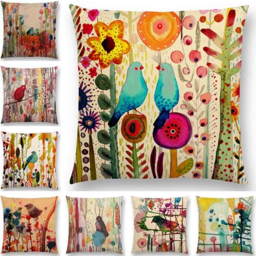 Hot Sale Love Watercolor Little Bird Cute Colorful Flowers Clusters Happy Life Floral Woods Cushion Cover Sofa Throw Pillow Case