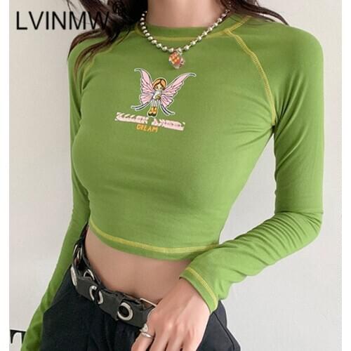 LVINMW Sexy O Neck Long Sleeve Pattern Print Crop Top Navel Patchwork Slim Casual Woman T Shirt Autumn Daily Tops Streetwear