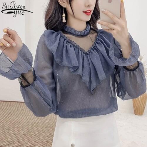 New Korean Style All-match Mesh Stitching Womans Shirts Stand Collar Office Lady Womans Blouses Solid Sexy Lace Shirts 10612