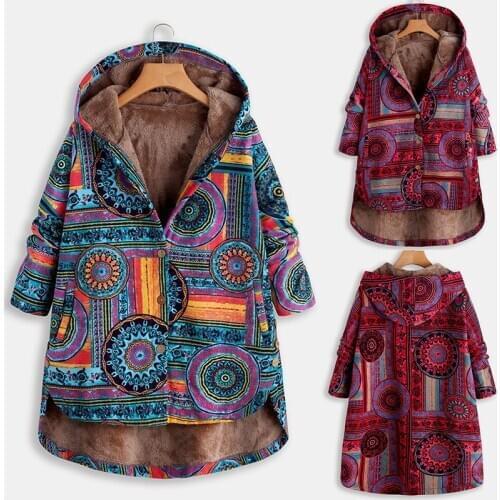 2021 Windbreaker Winter Warm Outwear Floral Print Hooded Pockets Vintage Oversized Coats Female Jacket Plush Coat