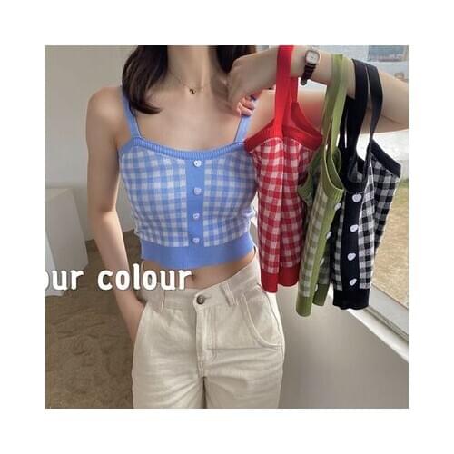Women Vintage Plaid Knit Camisoles Spaghetti Straps Sleeveless Buttons Trim Tank Tops Retro Plaid Knit Short Vest Slim Fit Top