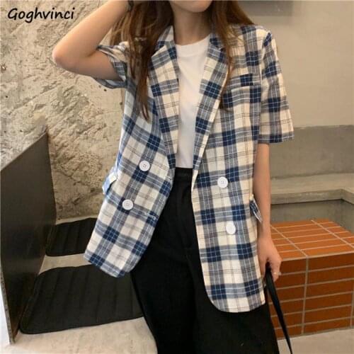 Korean Style Students Oversize Plaid Blazers Women Short Sleeve Double Breasted Casual Suits Ulzzang Slim Temper Outwear Fashion