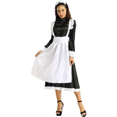 Women Adult Maid Cosplay Party Costume Outfit Long Sleeves Front Button Down Long Maxi Fancy Dress with Apron and Headpiece