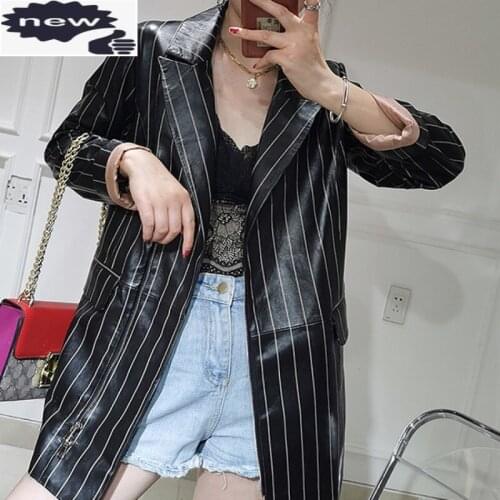 Office Ladies Real Sheepskin Blazer Coat Loose Fit Women Fashion Striped Genuine Leather Jacket Autumn Boyfriend Style Suit Tops