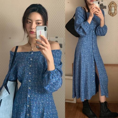Women Autumn Long Floral Shirt Dress Puff Sleeve Square Neck A-line Ladies Vestidos Blue Elegant Robe Femme Sukienki Jurken jurk
