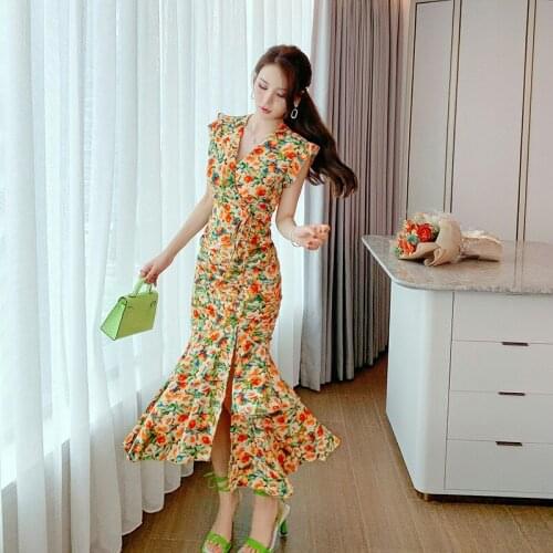 Korean Fashion 2021 V-neck Sleeveless Corset Sexy Floral Dresses Ladies Split Midi Ruffle Dress Woman Print Flower Summer Dress