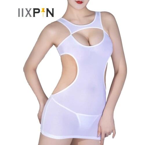 Women Sexy Lingerie See-through Mini Dress Hot Dresses Hollow Out Nightwear Swimwear Keyhole Sleeveless Cutout Transparent Dress