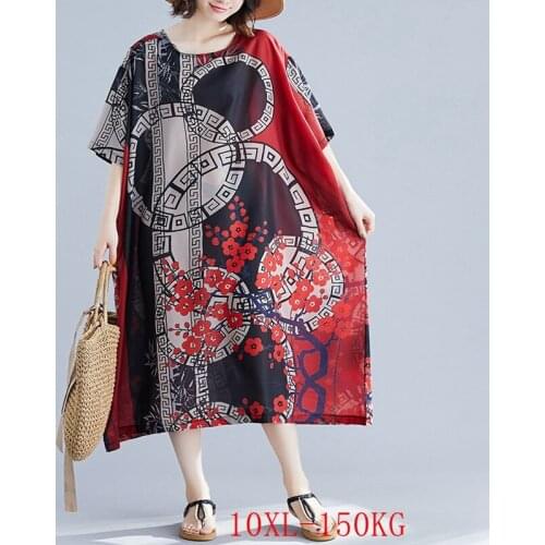 Summer plus size dress 8XL 9XL 10XL bust 160CM fashion womens round neck bat sleeves light chiffon loose casual dress