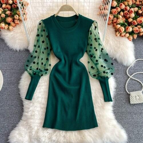 FTLZZ Autumn Winter Women Fashion O-neck Puff Sleeve Dot Patchwork Knitting Dress Female Casual High Waist Solid Short Dress