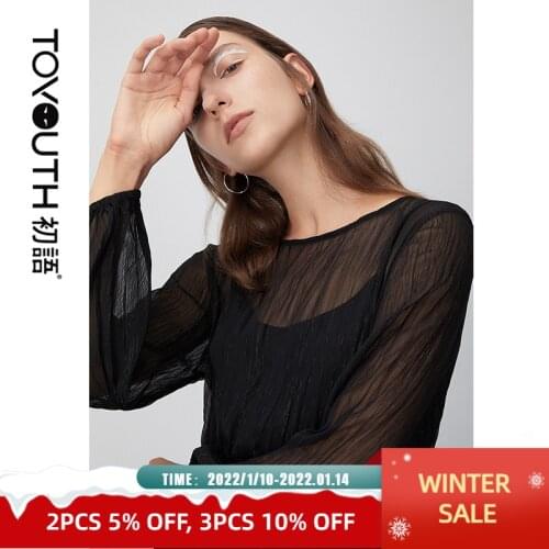 Toyouth Women Spring Autumn Dress Long Sleeve A-Line Black Hollow Slim Thin Two Pieces Elegant Dresses