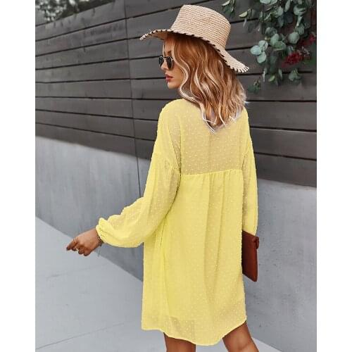 Women Spring Autumn Yellow A-Line Dresses V-Neck Long Sleeve Loose Dress For Womens Clothing 2021 Casual Y2K Vestido Robe Femme