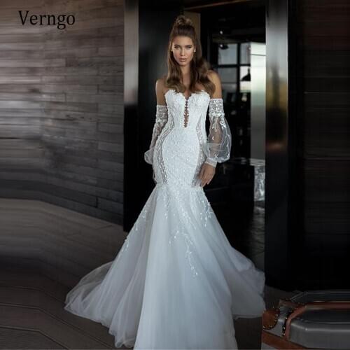 Verngo Stylish Mermaid Wedding Dress With Removable Puff Sleeves Lace Floral Bride Gowns Sweetheart Tulle Elegant Bridal Dresses