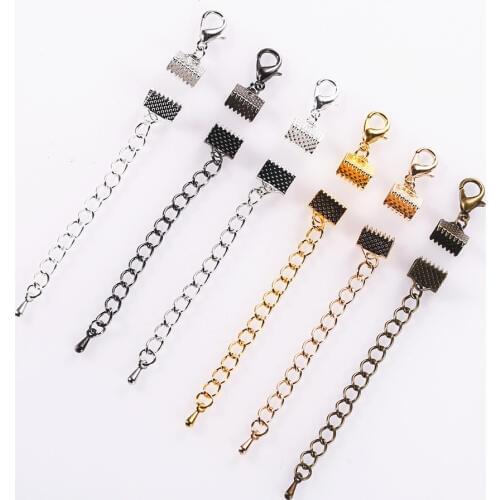 10 sets/lot Crimp End Caps Beads Lobster Clasps Extended Extension Chains Flat Leather Cord End Cap String Ribbon Clip Foldover