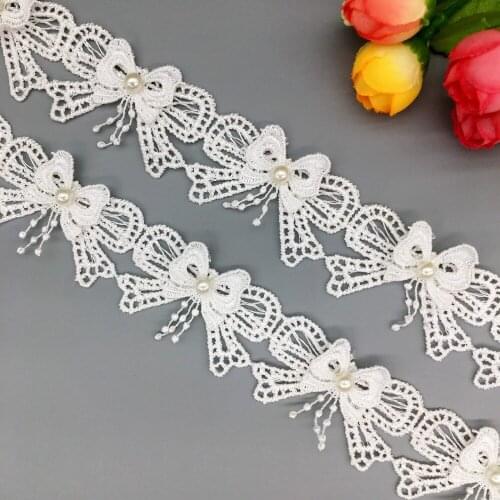 2 Yard Butterfly Knot Lace Pearl Bow Applique Beaded Trim Ribbon Lacing for Hat Decorative Wedding Dress Sewing Crafts