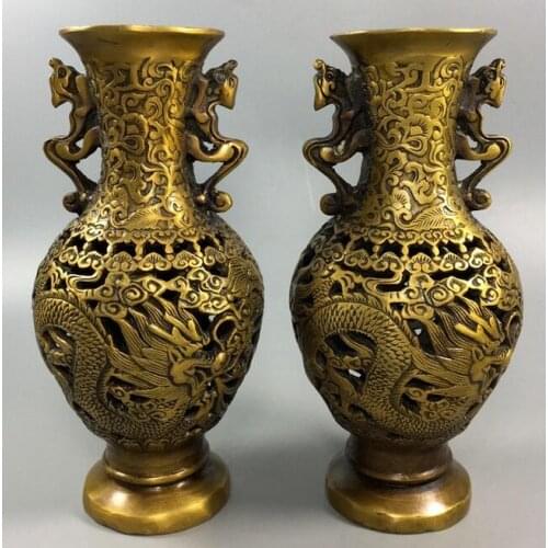 7.2”Old China antique Daming brass Dragon Phoenix vase A pair