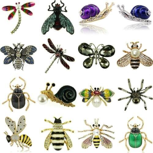 New 16 Styles Bee Butterfly dragonfly Brooches Pin Female Hijab Pin Snails Beetle Broche Male Suit Lapel Pin Crystal Brooch