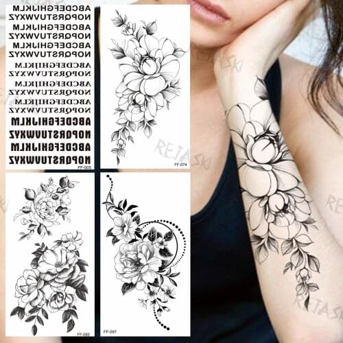 Black Dahlia Temporary Tattoos For Women Female Realistic Letter Flora Waterproof Fake Tattoo Sticker Sexy Arm Tatoos Body DIY