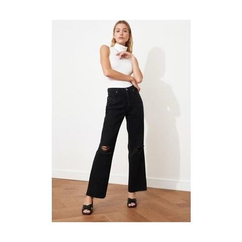 BLACK RIPPED DETAILED HIGH WAIST WIDE LEG JEANS TWOAW21JE0539