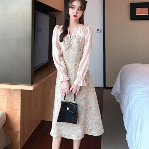 Elegant Floral Dress V-Neck Long Sleeve Print Chic Dress Korean Womens Clothing Autumn 2021 Women Vintage Retro Designer Dress