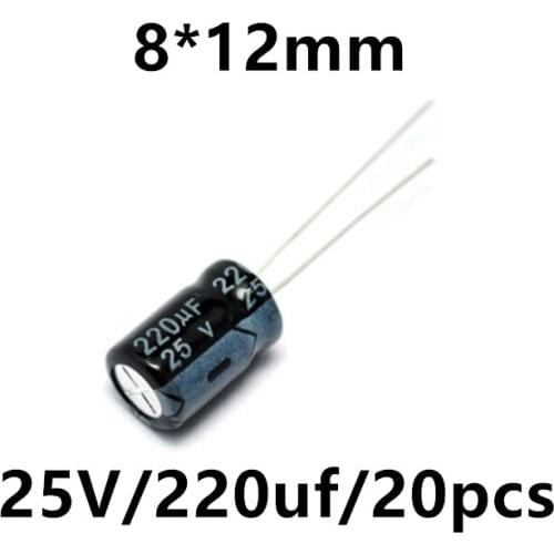 Electrolytic capacitor 25V/220uF volume 8*12mm in-line high-quality aluminum electrolytic capacitor 20 pcs