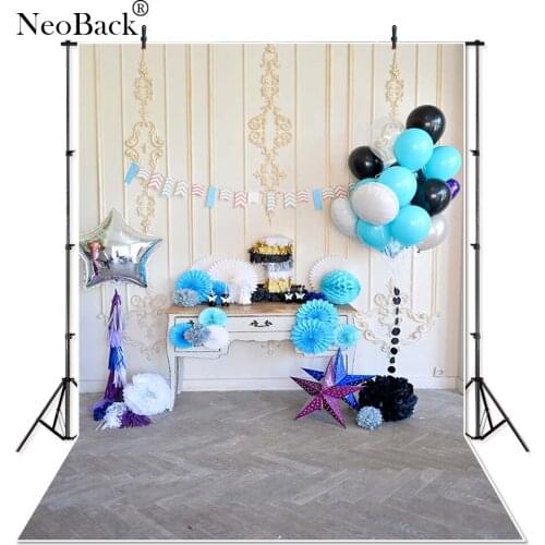 Baby 1st Birthday Party Photo Backdrop Printed Blue White Black Balloons Stars One Year Old Boys Photography Studio Backgrounds