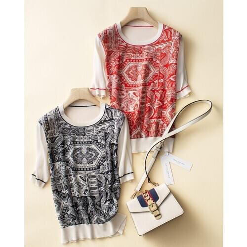 Silk T shirts Women Patchwork Knite Sleeve O Neck Print Top Women Short Sleeve Shirt For Women Basic Elegant New Fashion
