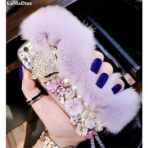 LaMaDiaa For iPhoneX Xs Max XR 5 SE 8 7 6s Plus 11 Pro MAX Cute Soft Fluffy Rabbit Fur Hair Bling Diamond Protective Phone Case