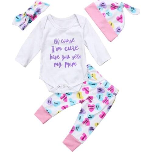 Fashion Newborn Baby Infant Toddler Girl Clothes Set Cotton Tops Rompers Pants Hats Headbands 4pcs Outfits Sets Clothes 0-24M