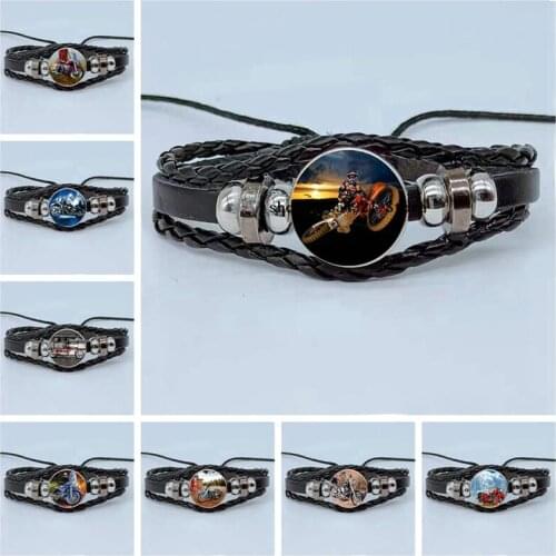 New fashion motorcycle bracelet cross-country motorcycle glass cabochon multi-layer woven leather bracelet mens gift