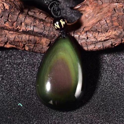 Genuien Natural Black Obsidian Strong Rainbow Green Purple Flash Light Pendant Water Drop 28x18mm Necklace Drop Shipping AAAAA