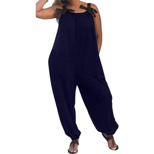 Casual Loose Women Solid Color Bow Strap Sleeveless Jumpsuit Long Pants Romper