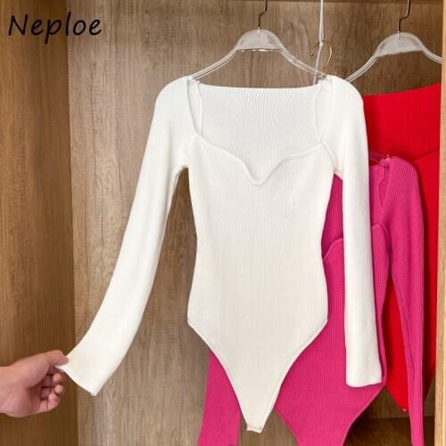 Neploe V Neck Pullover Long Sleeve Knit Bodysuits Women High Waist Hip Skinny Playsuits Spring 2021 New Outwear Jumpsuits Solid