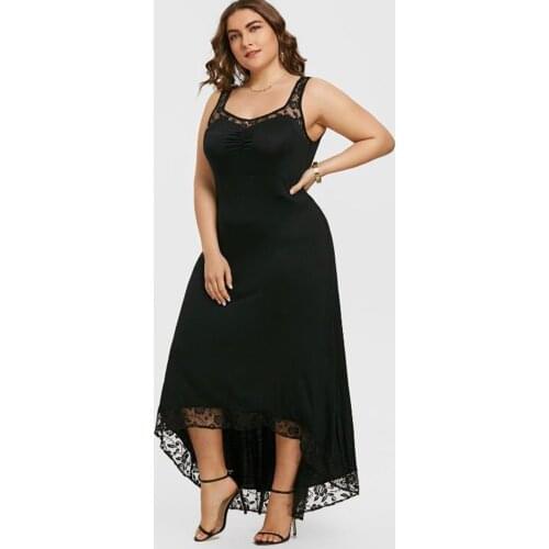 Plus Size Lace Dress Women Summer Sexy Solid Color Lace Stitching Irregular Hem Dress Summer Sleeveless Round Neck Vest Dress