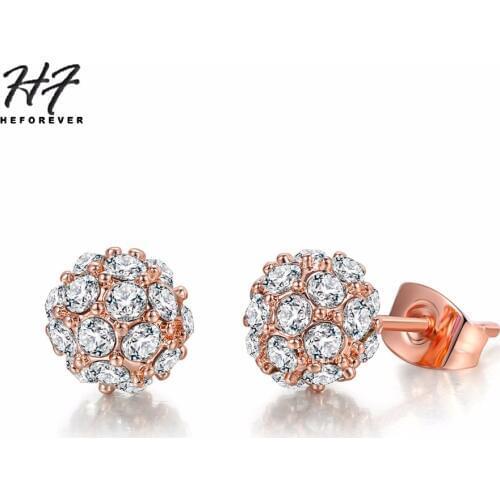 Geometric Crystal Lucky Ball Stud Earrings for Women Rose Gold Color Earing Fashion Jewelry Party Xmas Gift E380