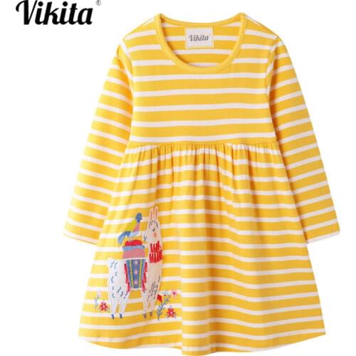 VIKITA Girls Striped Dress Toddlers Baby Girls Cotton Vestidos Children Animal Appliqued Clothes Kids Cartoon Print Dresses