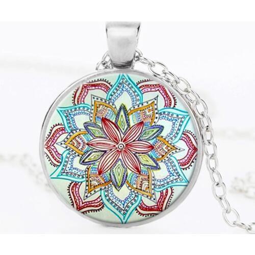 SUTEYI Vintage Mandala Flower Necklace Charms Glass Dome Pattern Necklaces & Pendants Yoga Henna Om Symbol Zen Buddhism Jewelry