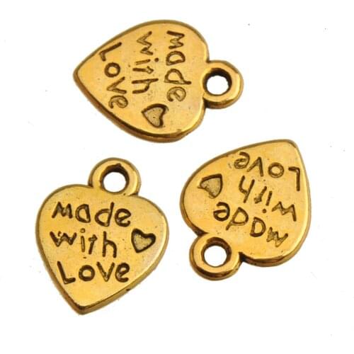 Vintage Gold Charms Bracelets Suspension DIY Decoration Handcrafts Heart Made Wiht Love Flat Fashion Jewelry Findings 12mm 70pcs