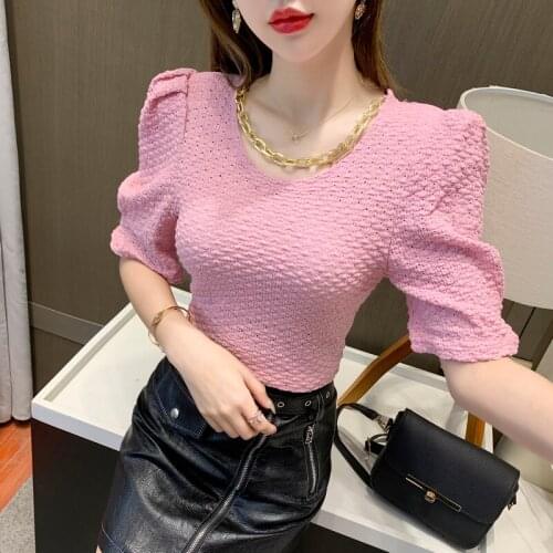 Hollow Out Tops Summer 2021 V-neck Women Shirt Commute Solid Color Women Tops and Blouse Bubble Sleeves Clothing Chic 15539