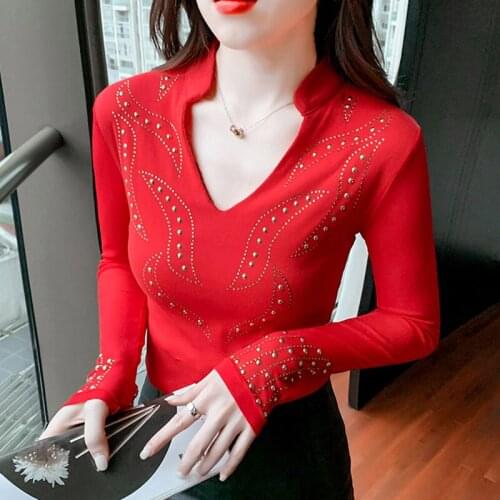 New 2021 Autumn Winter Womens T-Shirt Fashion V-Neck Long Sleeve Tops Shirt M-3XL Plus Size Women Clothing