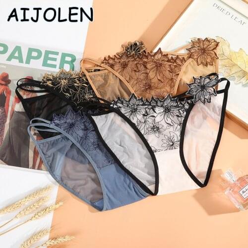 AIJOLEN Embroidered Hollow Flower Panties Ladies Lace Sexy Underwear Mesh Low Waist Womens Briefs Seamless Underpants for Women