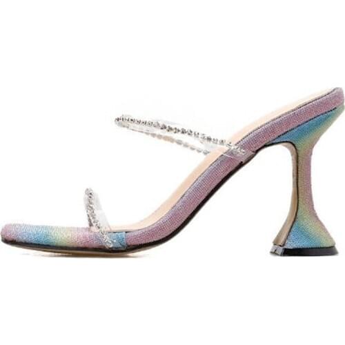 Women sandals Flock Sequined Cloth Slip On 9.5cm Thin Heels High heels Square Toe Shallow sandal women shoes 2020 size 35-42