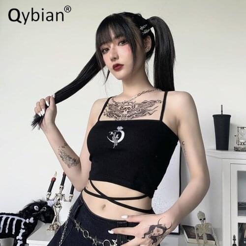 Dark Style Sexy Slim Print Crop Top Women Bandage Backless Embroidery Sexy Top Crop Top Summer Top