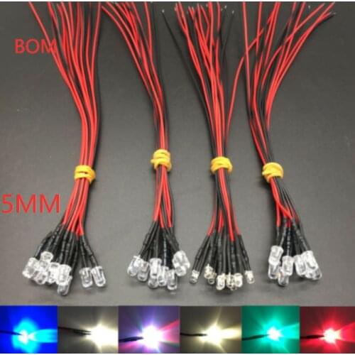 10PCS 5mm LED 12V 20cm Pre-wired White Red Green Blue Yellow UV RGB Diode Lamp Decoration Light Emitting Diodes Pre-soldered