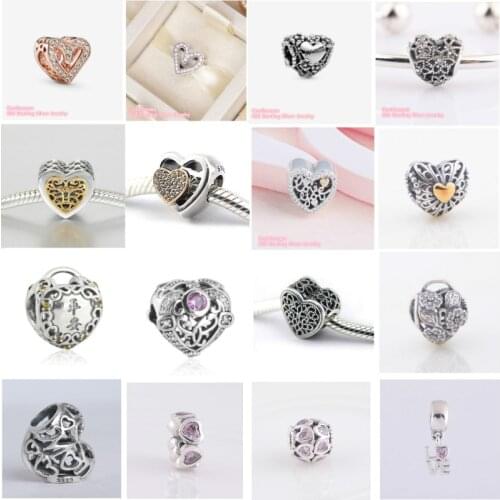 925 Sterling Silver Beads Filled Love Openwork Flower Basket Opulent Blooming Sparkling Freehand Heart Rose Gold Dangle Charm