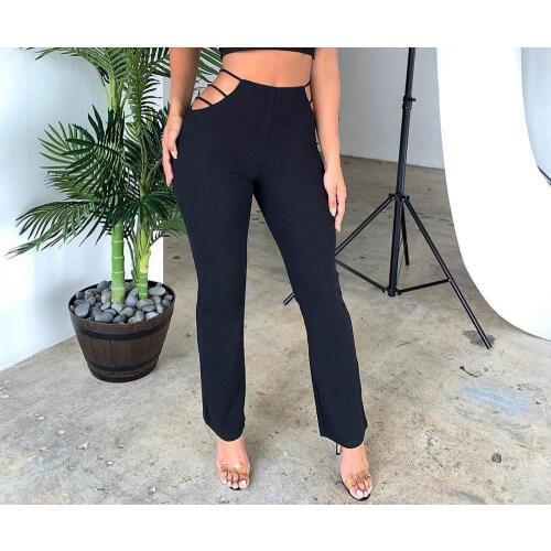 New Autumn Sexy Long Trousers Hollow Out Thin Low Waist Solid Slim Cut Out Pants Fitness Sweat Fashion Bell-Bottomed Streetwear