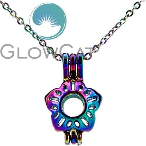 CC3 Rainbow Colors Flower Beads Cage Pendant Perfume Essential Oil Diffuser Oyster Pearl Cage Locket Necklace