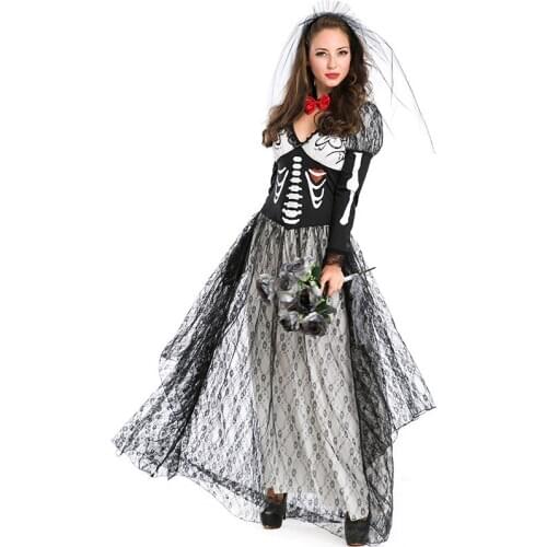 Lace Black Women Skeleton Corpse Bride Scary Cosplay Female Halloween Zombie Walking Dead Costumes Purim Role Play Party Dress