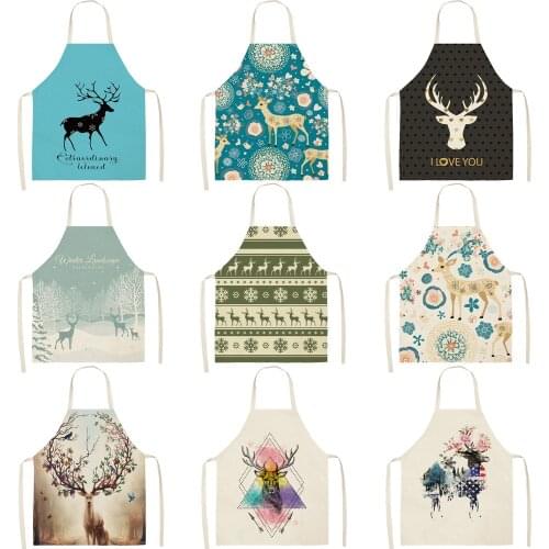 Christmas Elk Printed Kitchen Apron Cotton Linen Sleeveless man women Chef Cooking Aprons Kitchen accessories 68*55cm 0024