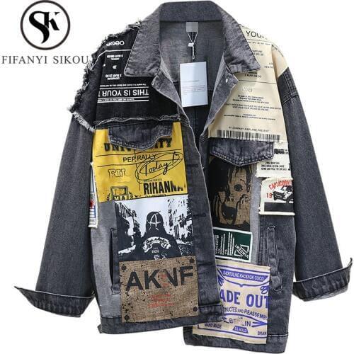 Hip hop Denim Jacket Women Fashion Print Long sleeve Vintage Bomber Jacket Coat Loose Washed Jeans Jacket Women Outerwear